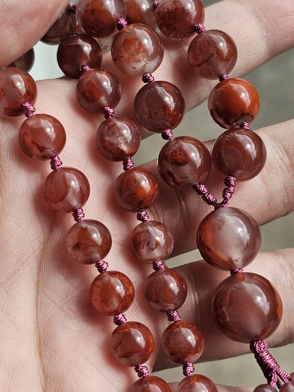 Vintage Natural Iron Included Chalcedony/ Plume Agate Bead Necklace Hand Knotted